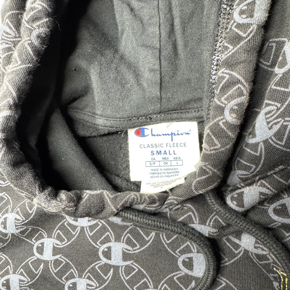 Men’s Champion Black Print Century Collection Drawstring Black Hoodie Size S - Picture 4 of 7